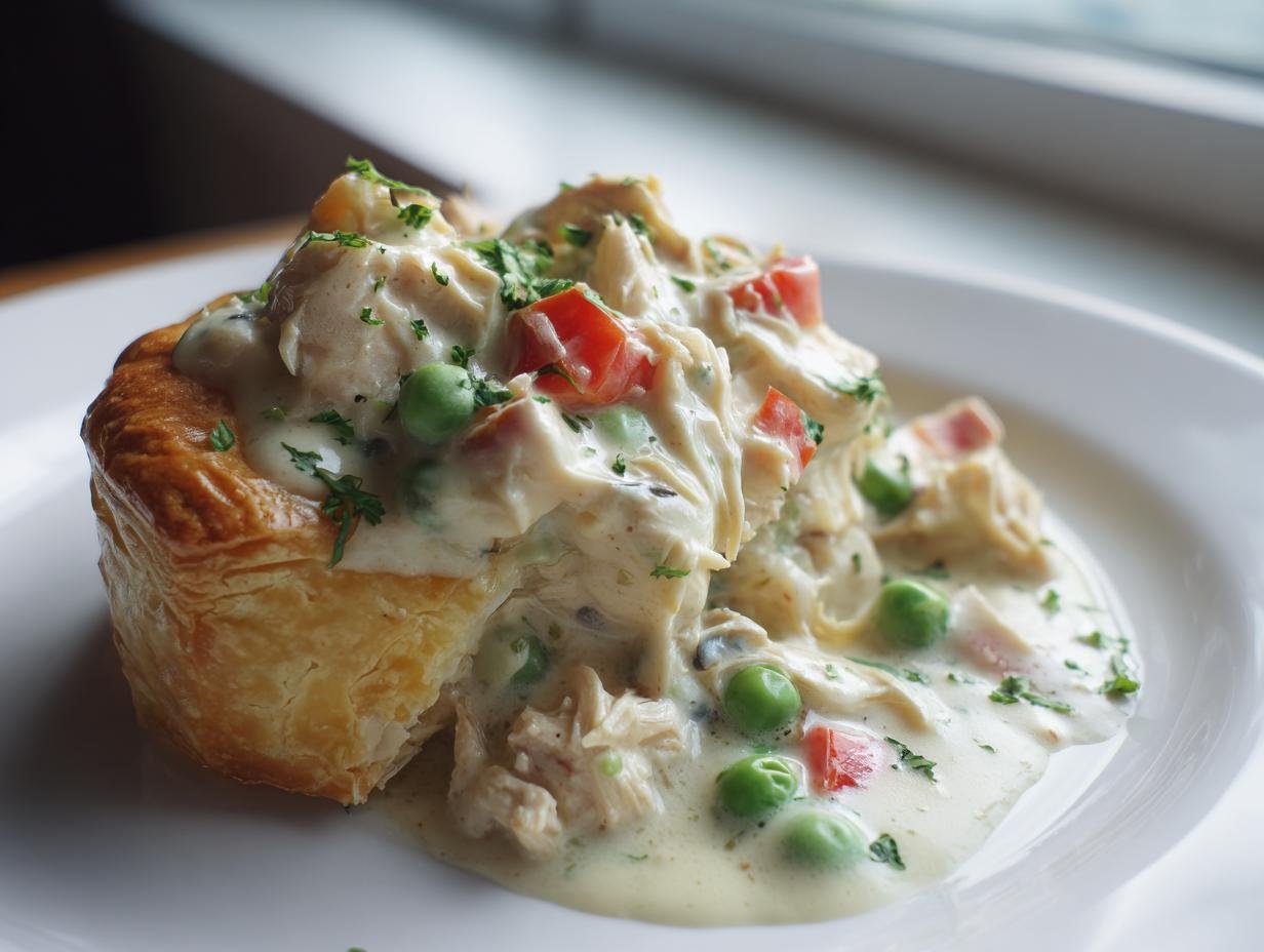 A serving of Creamy Chicken A La King Recipe Comfort In Every Bite overflowing from a puff pastry shell on a white plate.