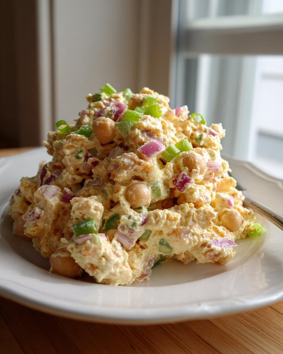 A mound of creamy, yellow-tinted Delightful Chickpea Salad Recipes, mixed with red onion and topped with green onions.