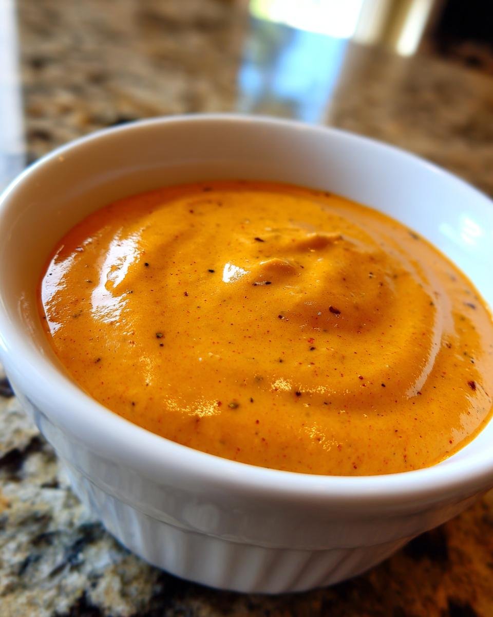 Close-up of creamy, orange Dairy Free Chipotle Sauce Dressing speckled with spices in a small white ramekin.