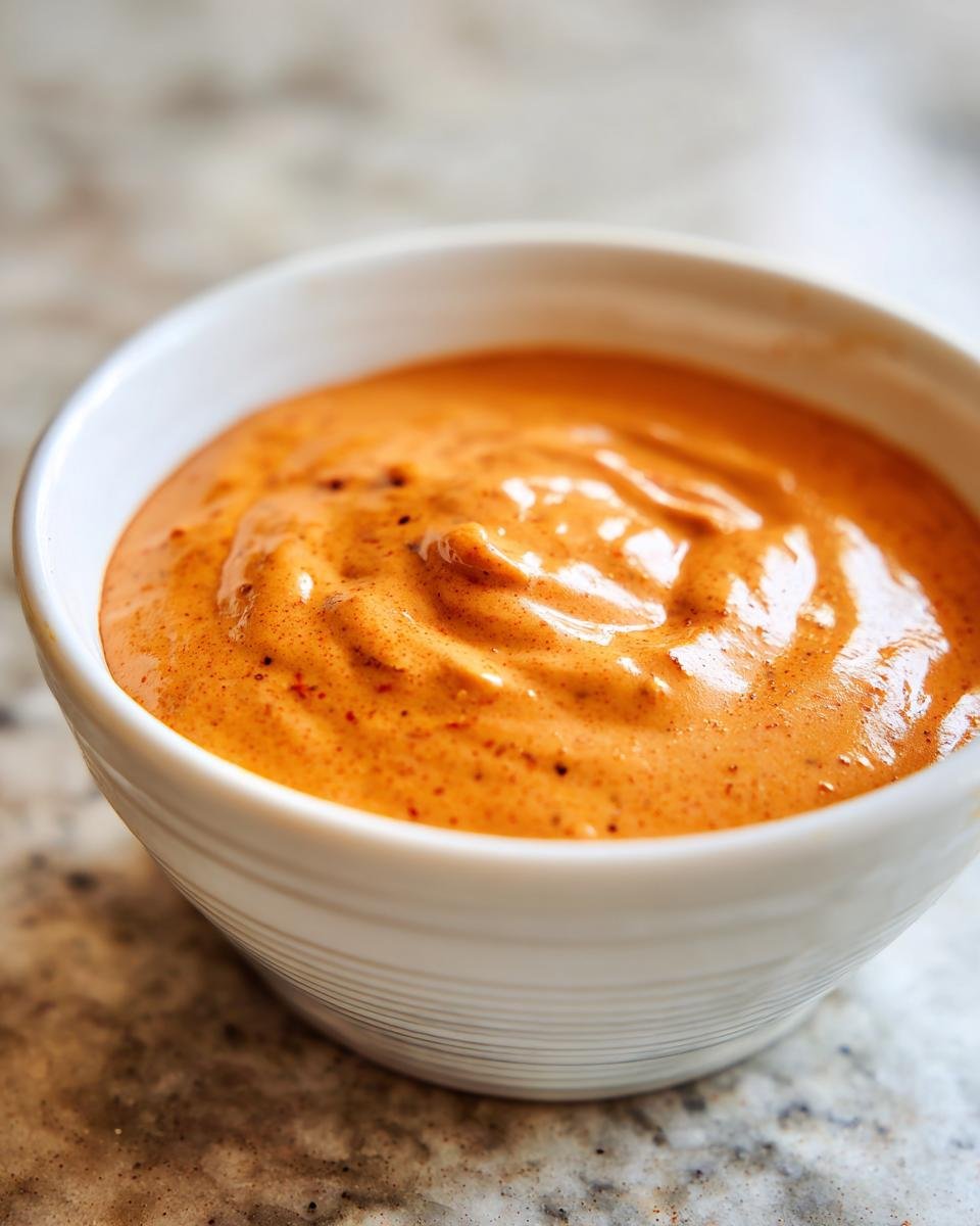 Close-up of thick, creamy orange Dairy Free Chipotle Sauce Dressing swirled in a small white bowl.