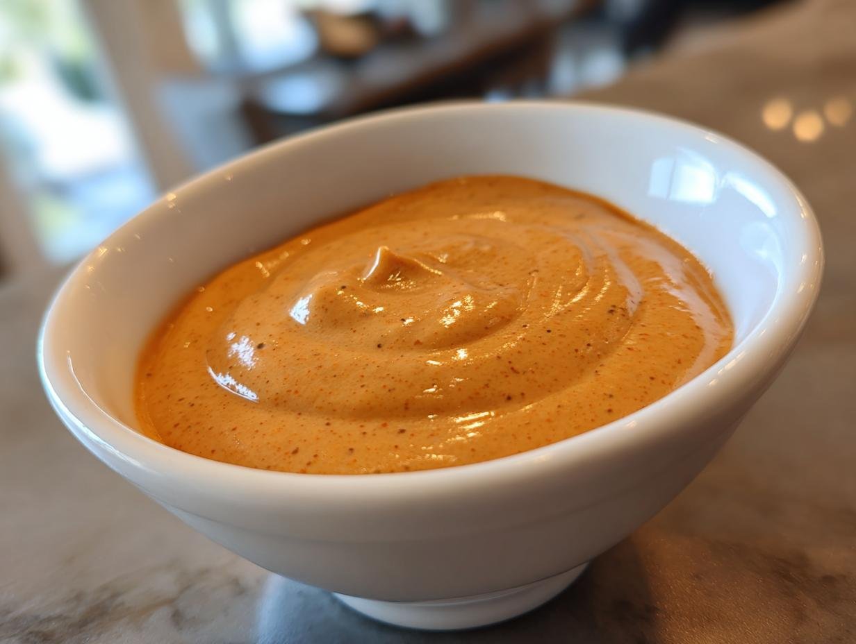 Close-up of thick, orange-colored Dairy Free Chipotle Sauce Dressing swirled in a small white bowl.