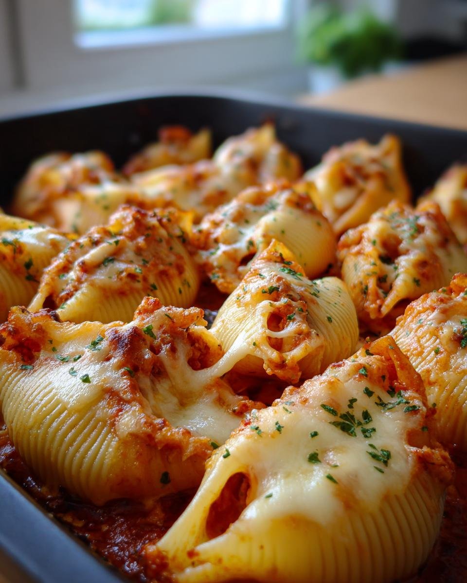 Close-up of baked conchiglioni pasta shells filled with tomato sauce and topped with melted cheese and parsley, ready to serve.