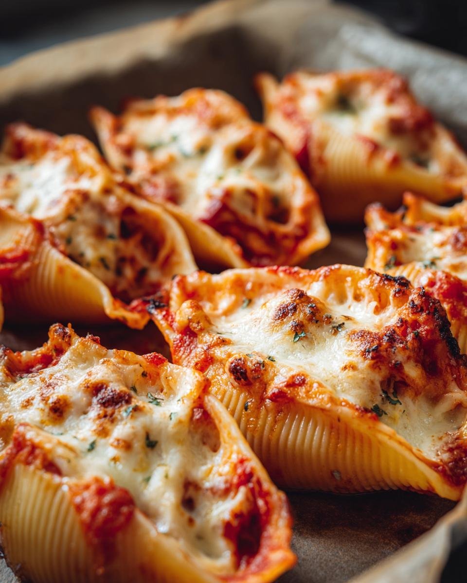 Close-up of baked conchiglioni pasta shells stuffed and topped with melted cheese and tomato sauce, part of the Creamy Garlic Tomato Conchiglioni Pasta.