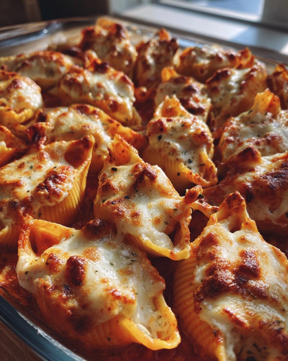 Close-up of baked Creamy Garlic Tomato Conchiglioni Pasta shells topped with melted, browned mozzarella cheese.