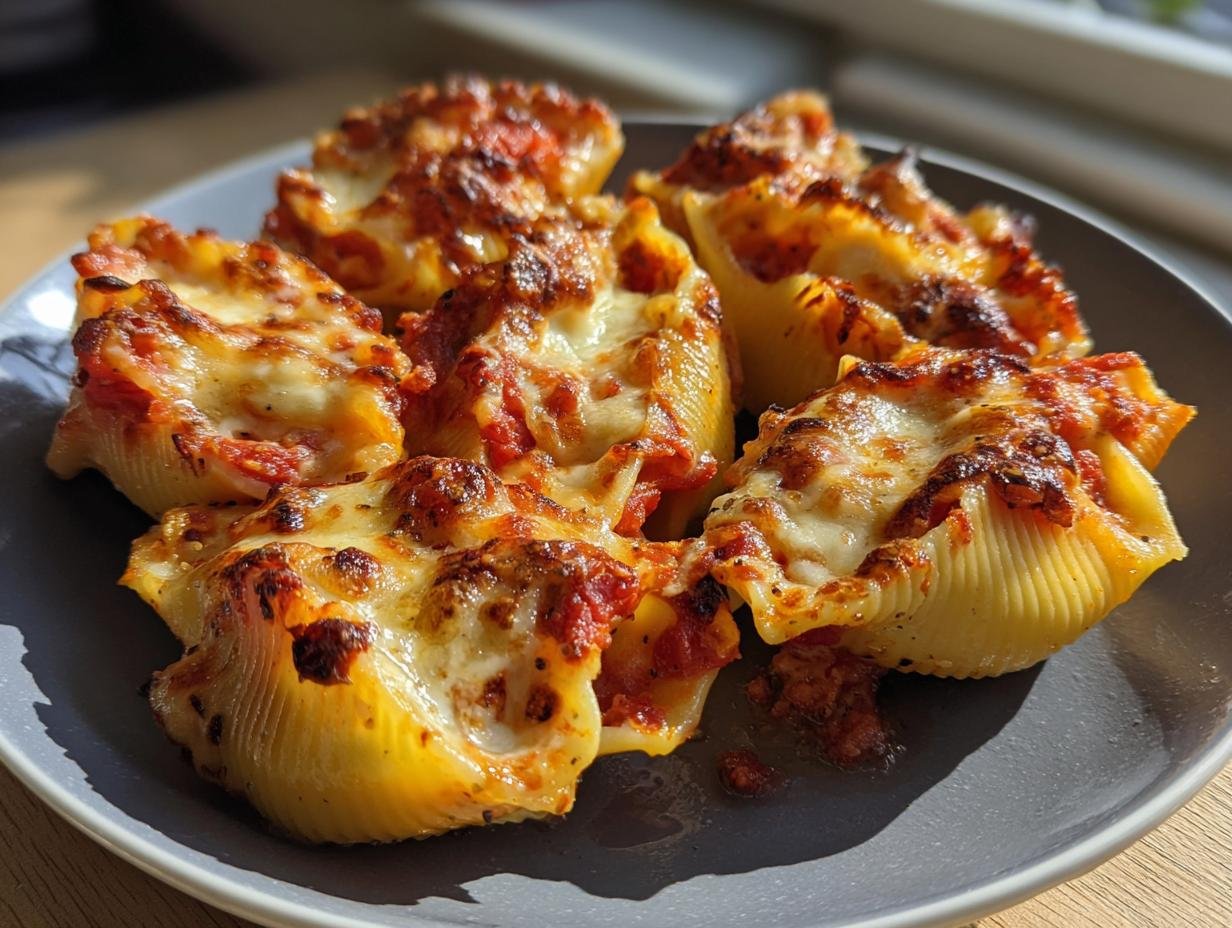 Close-up of baked Creamy Garlic Tomato Conchiglioni Pasta shells topped with melted, browned cheese.