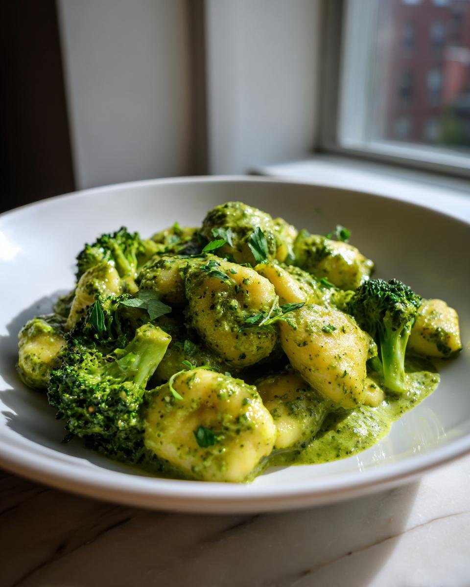 A bowl of Creamy Lemon Pesto Gnocchi With Broccoli, coated in vibrant green sauce and garnished with fresh parsley.