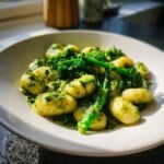 A bowl of tender gnocchi coated in bright green sauce, topped with fresh broccoli florets, part of our Creamy Lemon Pesto Gnocchi With Broccoli recipe.