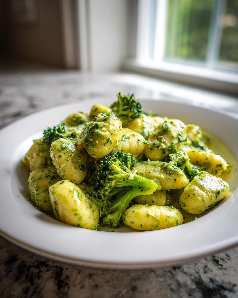 A white bowl filled with Creamy Lemon Pesto Gnocchi With Broccoli, coated in a bright green sauce.
