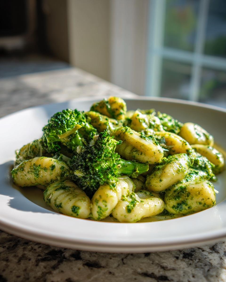 A bowl of Creamy Lemon Pesto Gnocchi With Broccoli, featuring soft potato dumplings coated in green pesto and mixed with bright green broccoli florets.