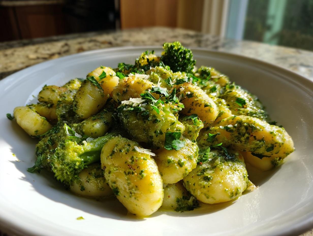 A close-up of fluffy gnocchi tossed in bright green sauce with broccoli florets, garnished with cheese and parsley, showcasing the Creamy Lemon Pesto Gnocchi.