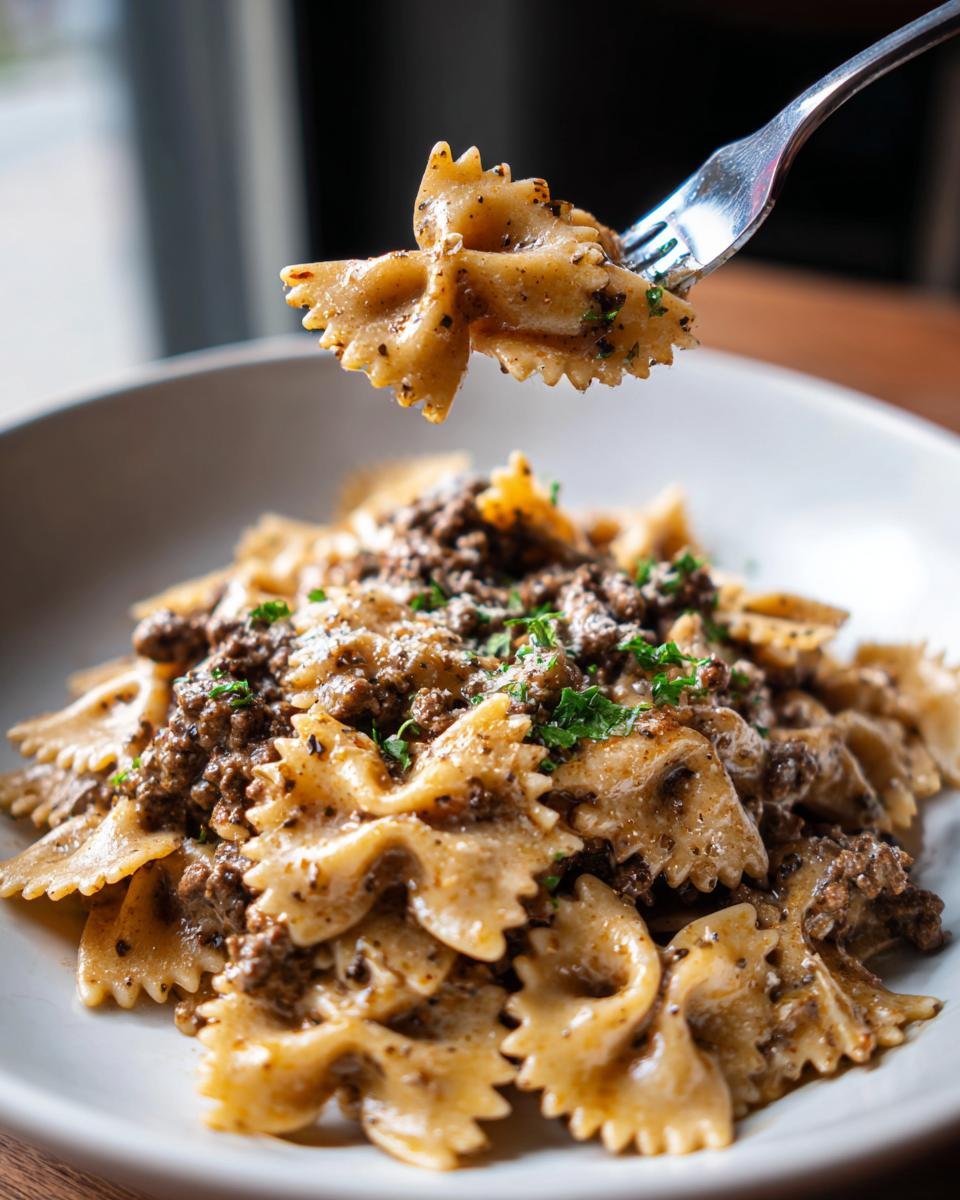 A fork lifts a single piece of bowtie pasta coated in creamy sauce from a bowl of Irresistible Creamy Parmesan Garlic Beef Bowtie Pasta.
