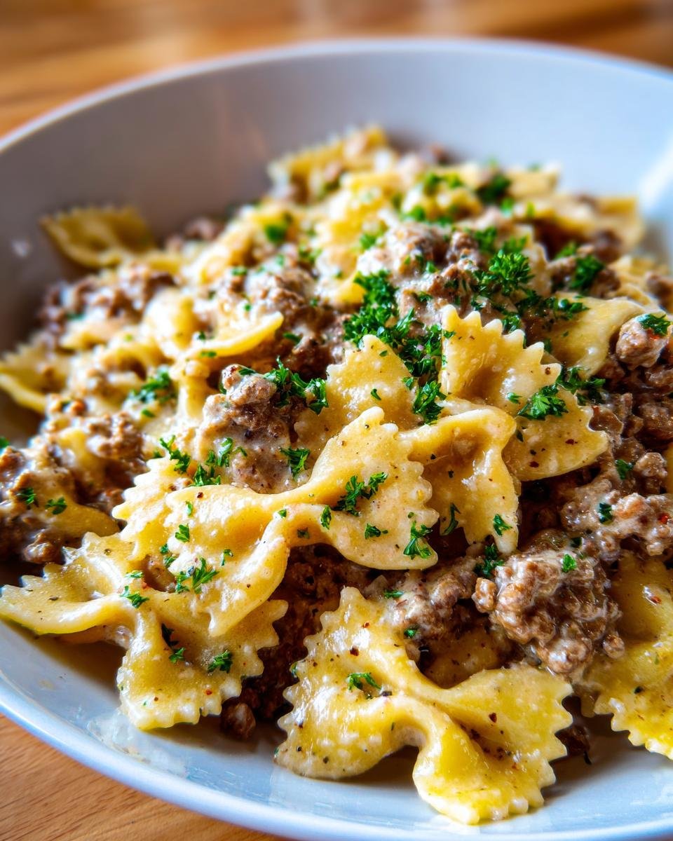 Close-up of Irresistible Creamy Parmesan Garlic Beef Bowtie Pasta topped with fresh parsley.