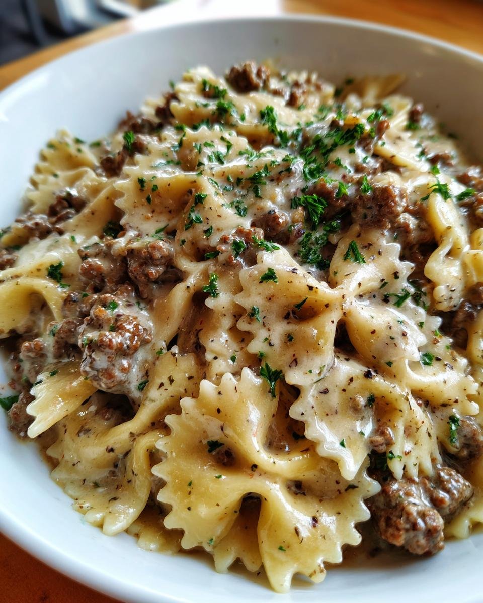 Close-up of Irresistible Creamy Parmesan Garlic Beef Bowtie Pasta coated in a rich sauce and topped with parsley.