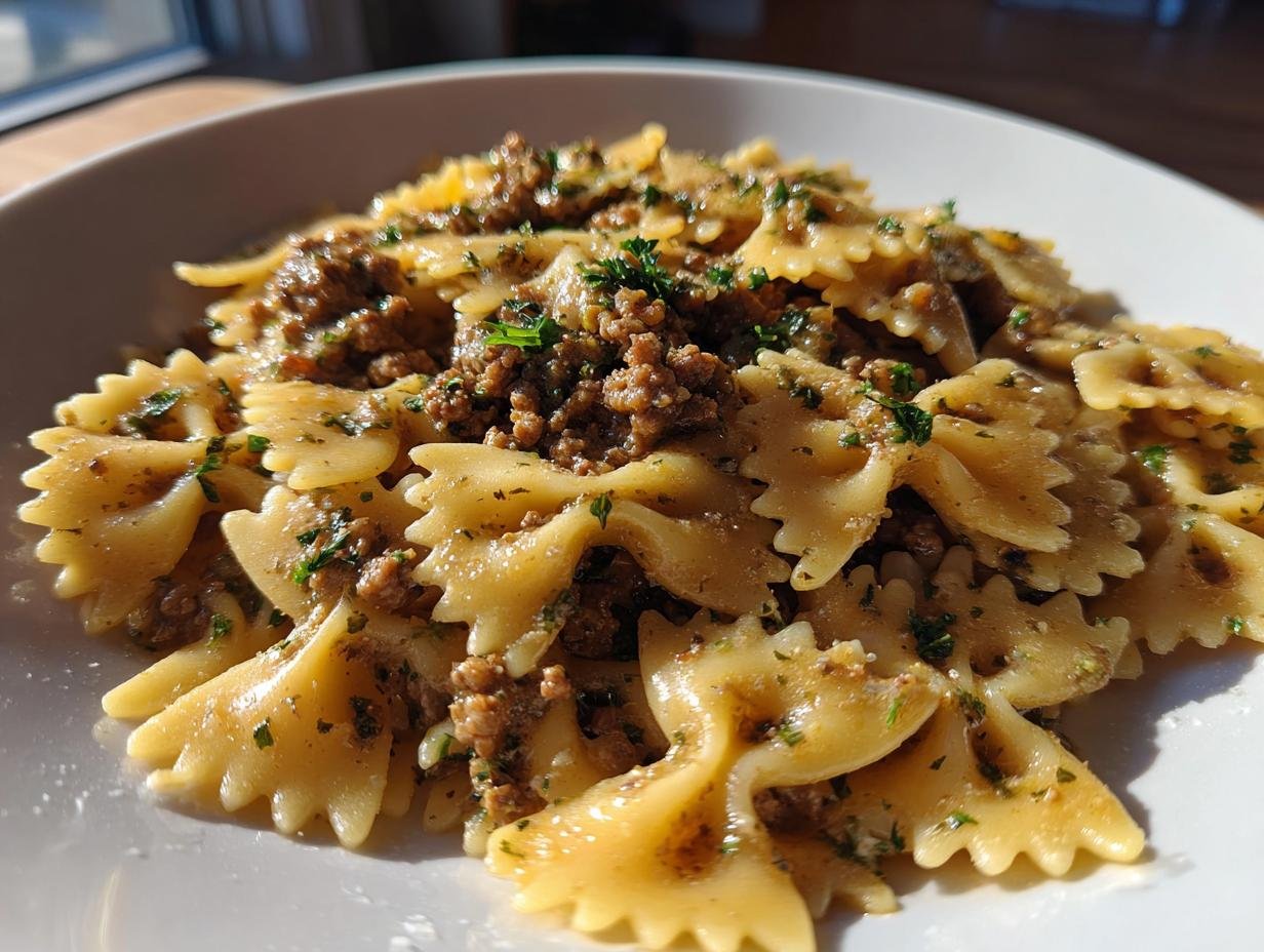 A close-up of Irresistible Creamy Parmesan Garlic Beef Bowtie Pasta served in a white bowl, garnished with parsley.