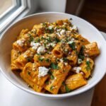 Close-up of rigatoni pasta coated in a rich orange sauce, topped with crumbled feta and fresh parsley for Creamy Pumpkin Feta Pasta.