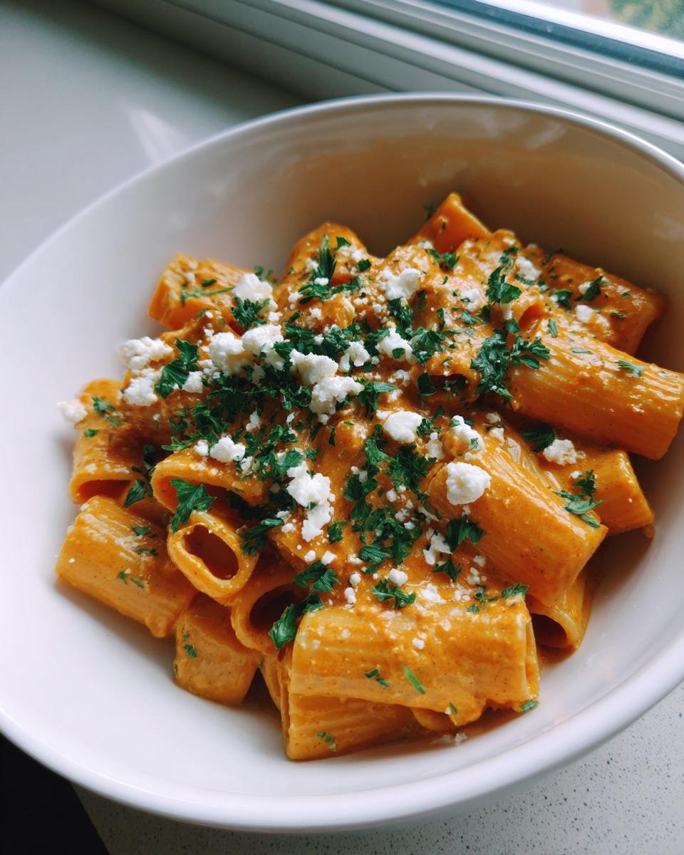 A close-up of rigatoni pasta coated in orange creamy pumpkin feta pasta sauce, topped with feta crumbles and parsley.