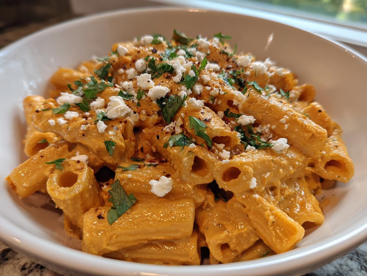 Close-up of Creamy Pumpkin Feta Pasta tossed in rigatoni, topped with crumbled feta and fresh parsley.