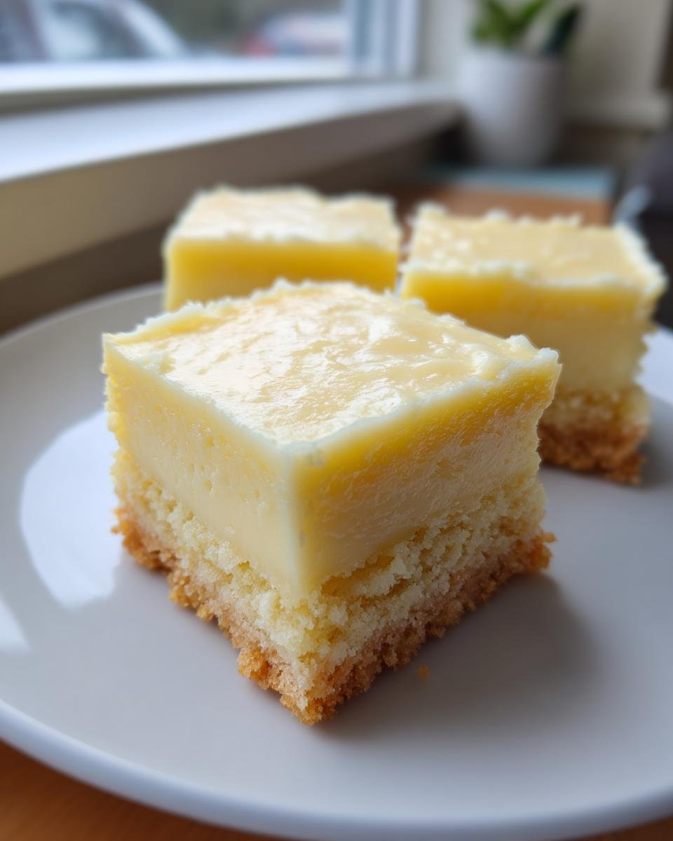 A close-up of three squares of Irresistibly Creamy Vanilla Custard Squares resting on a white plate.