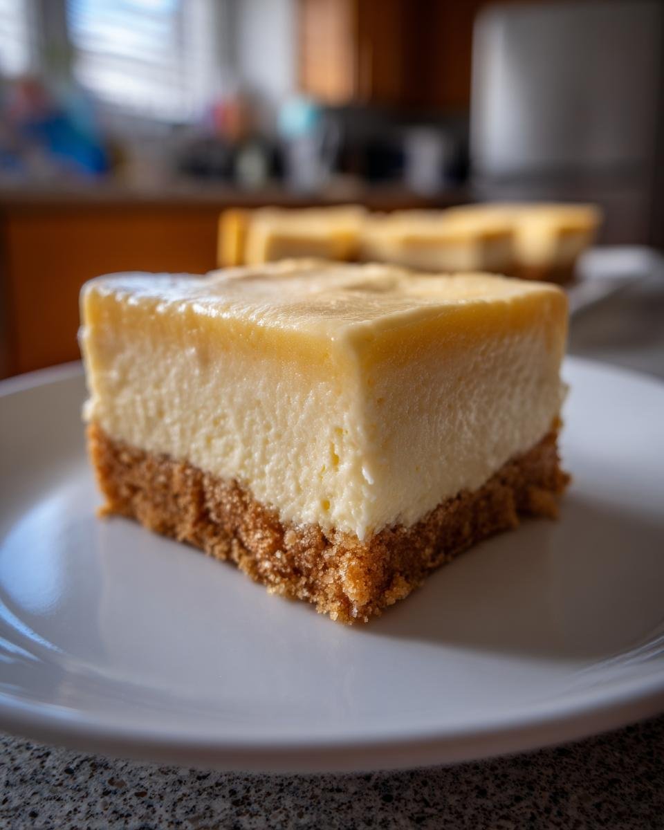 A close-up of an Irresistibly Creamy Vanilla Custard Squares slice with a thick, smooth filling and a crumbly brown base.