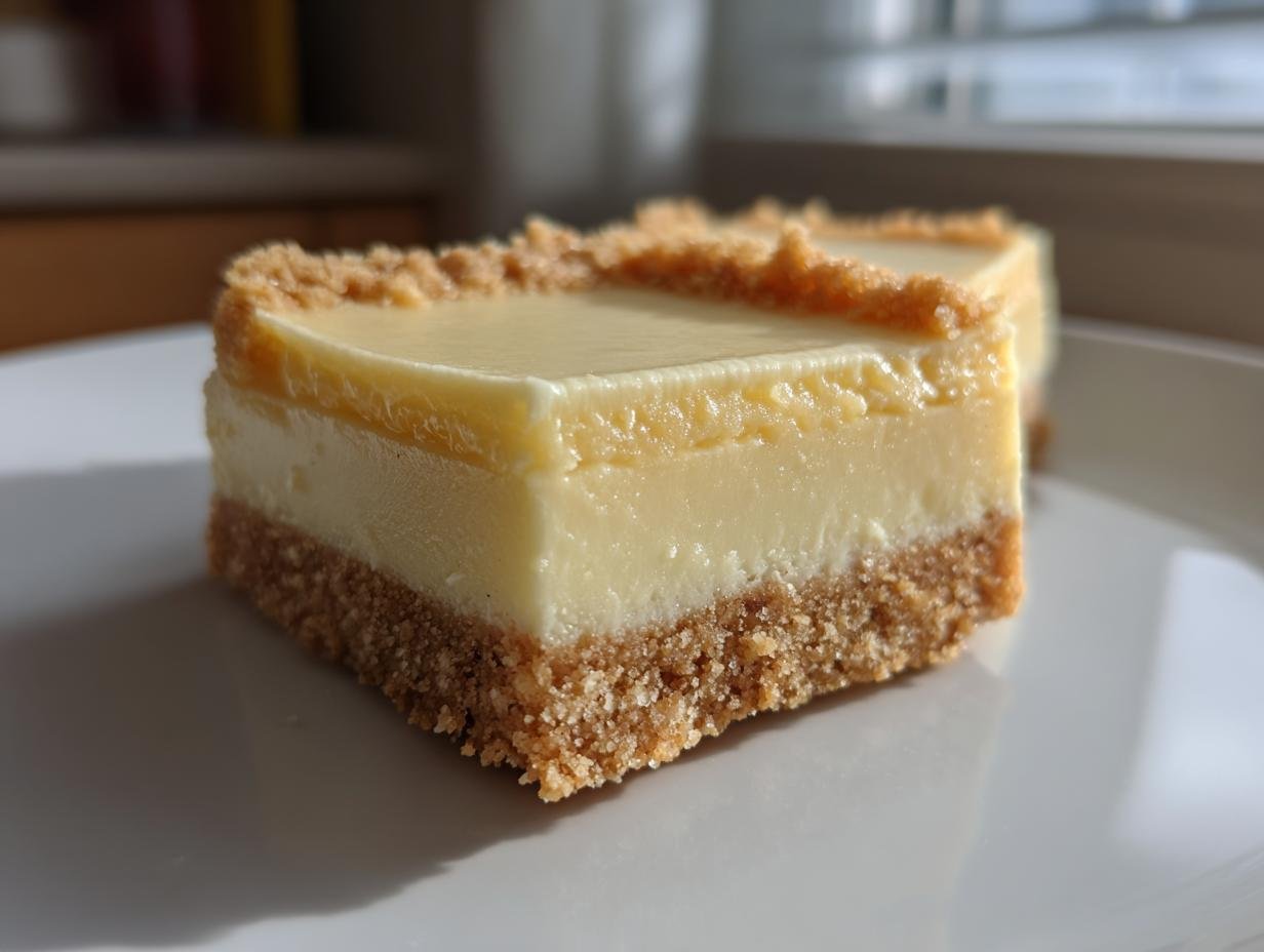 Close-up of an Irresistibly Creamy Vanilla Custard Squares slice showing a thick graham cracker crust and smooth, layered vanilla filling.