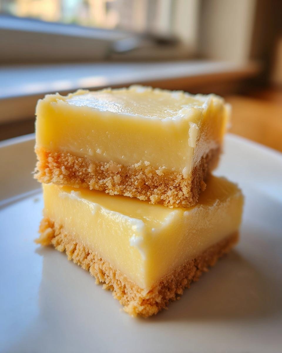 Two Irresistibly Creamy Vanilla Custard Squares stacked, showing a thick yellow custard layer over a crumbly graham cracker crust.