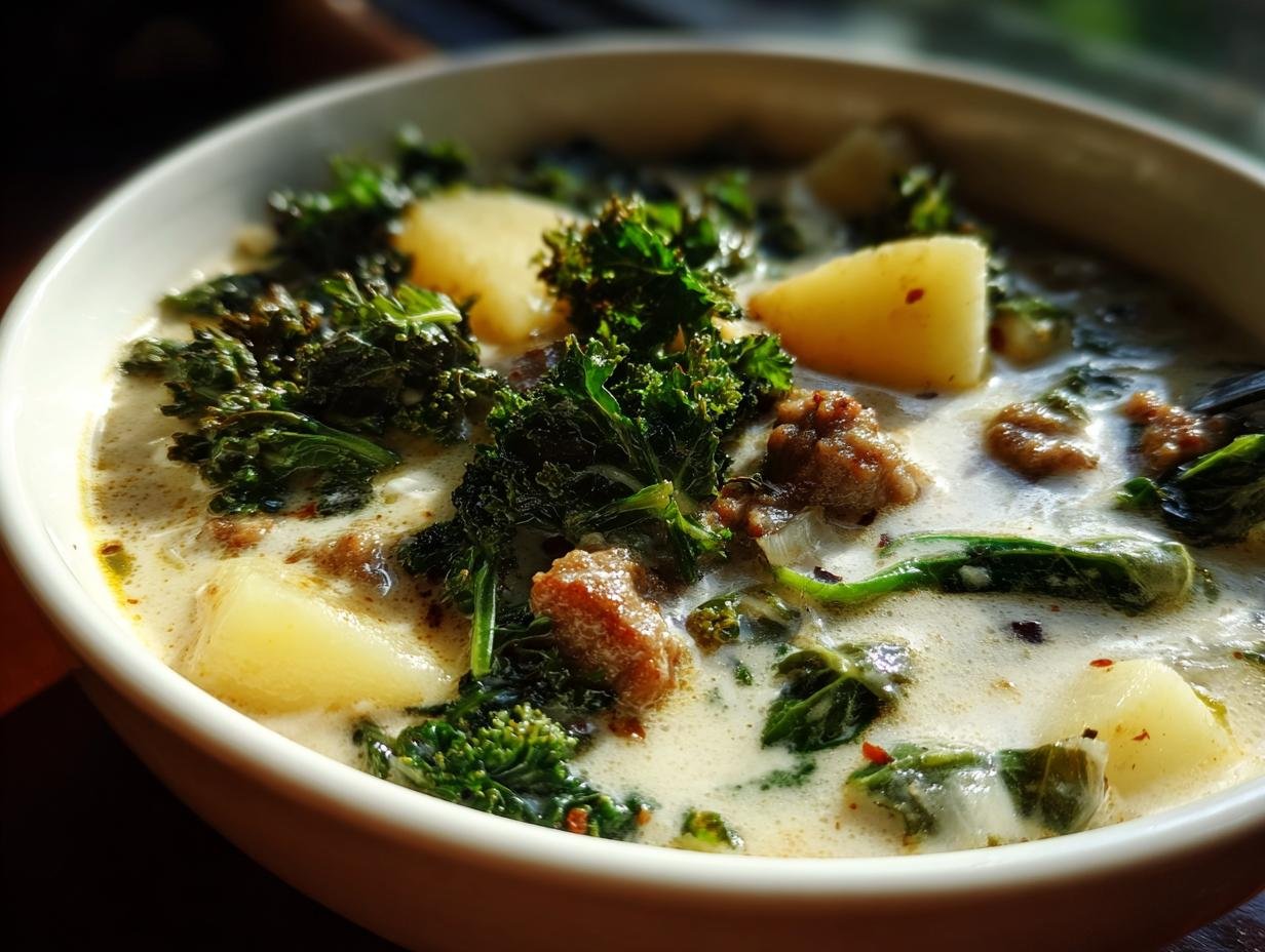 Close-up of a hearty bowl of Creamy Zuppa Toscana featuring chunks of potato, sausage, and vibrant green kale in a rich broth.