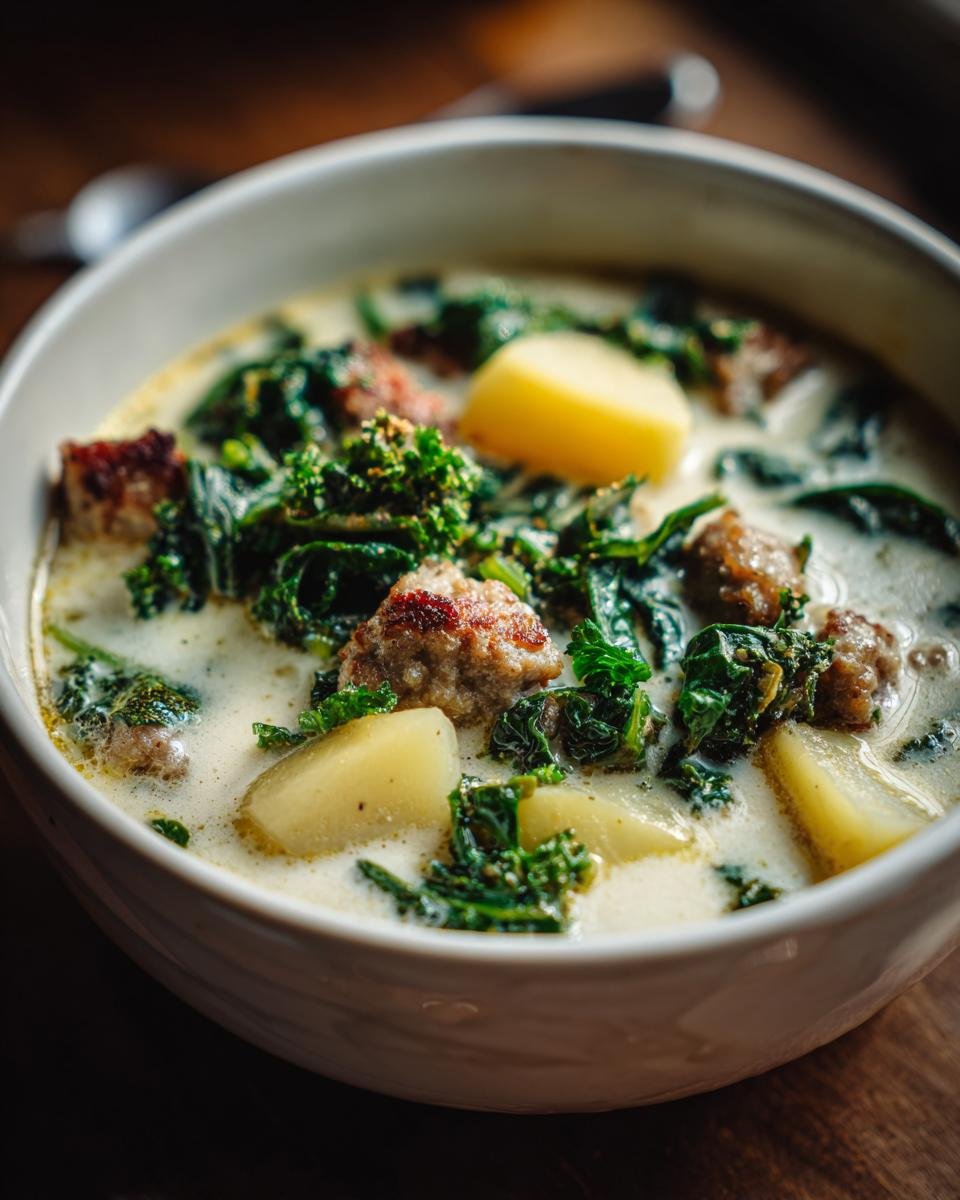 Close-up of a bowl filled with Creamy Zuppa Toscana, featuring sausage, potatoes, and kale in a rich broth.