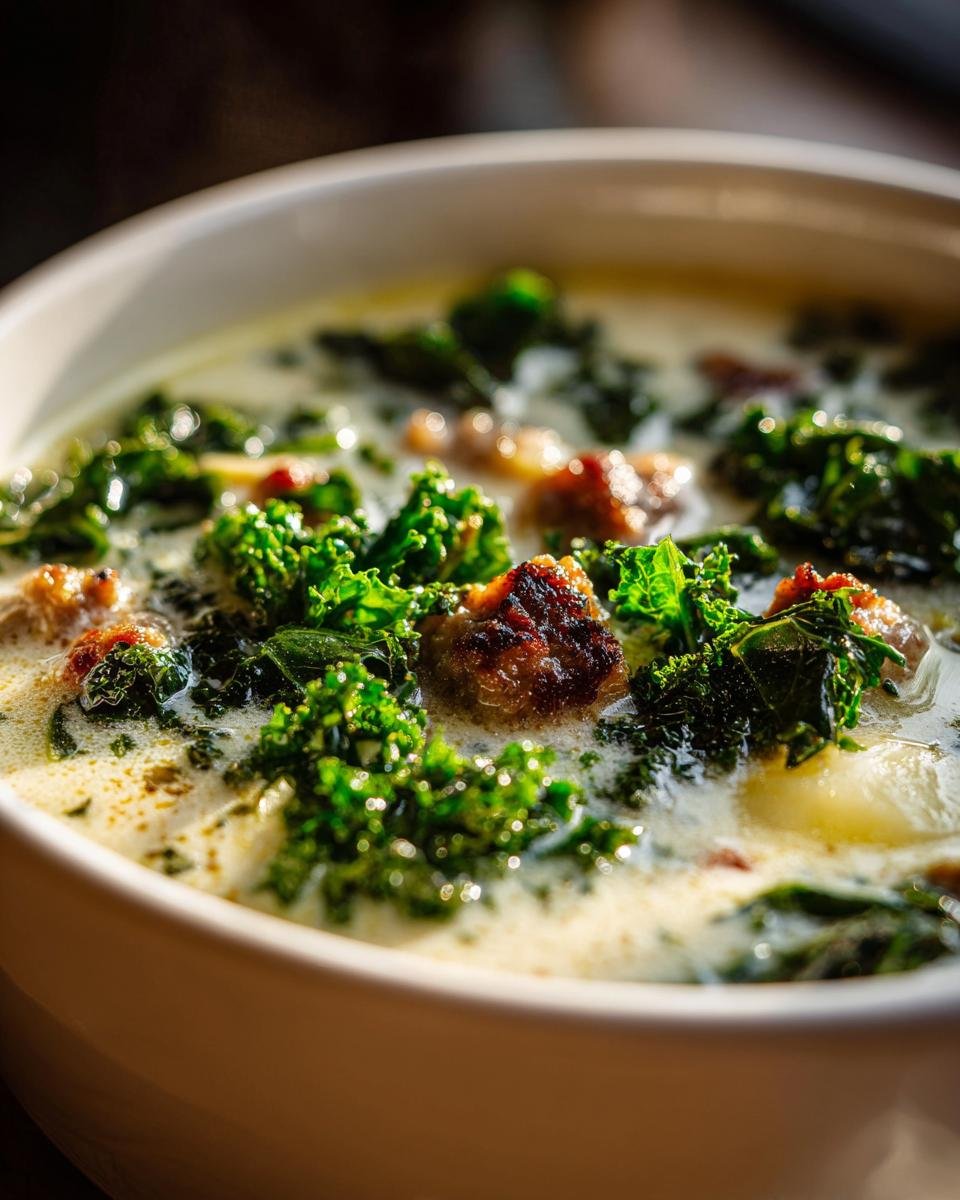 A close-up, appetizing shot of Creamy Zuppa Toscana in a white bowl, featuring rich broth, bright green kale, and browned sausage pieces.