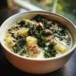 A close-up of a white bowl filled with Creamy Zuppa Toscana, featuring sausage, potatoes, and dark green kale in a rich broth.