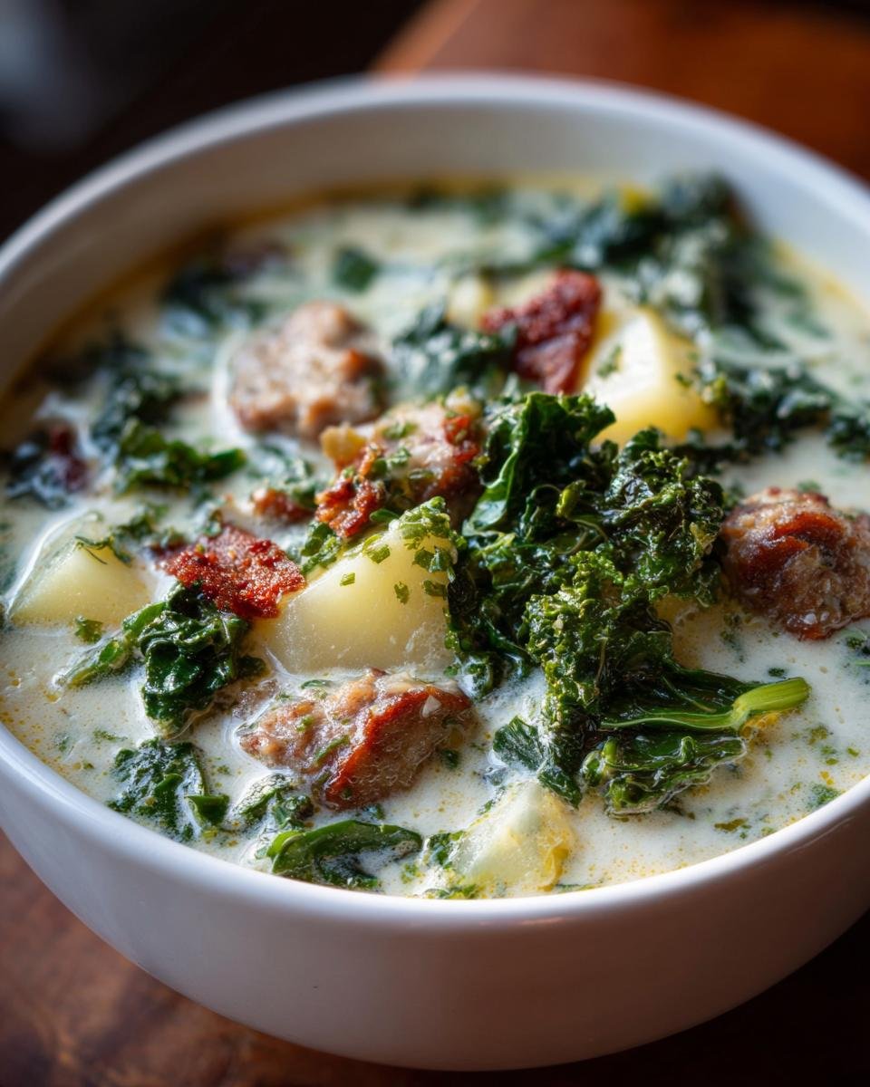 A close-up of a hearty bowl of Creamy Zuppa Toscana featuring sausage, potatoes, and kale in a rich broth.