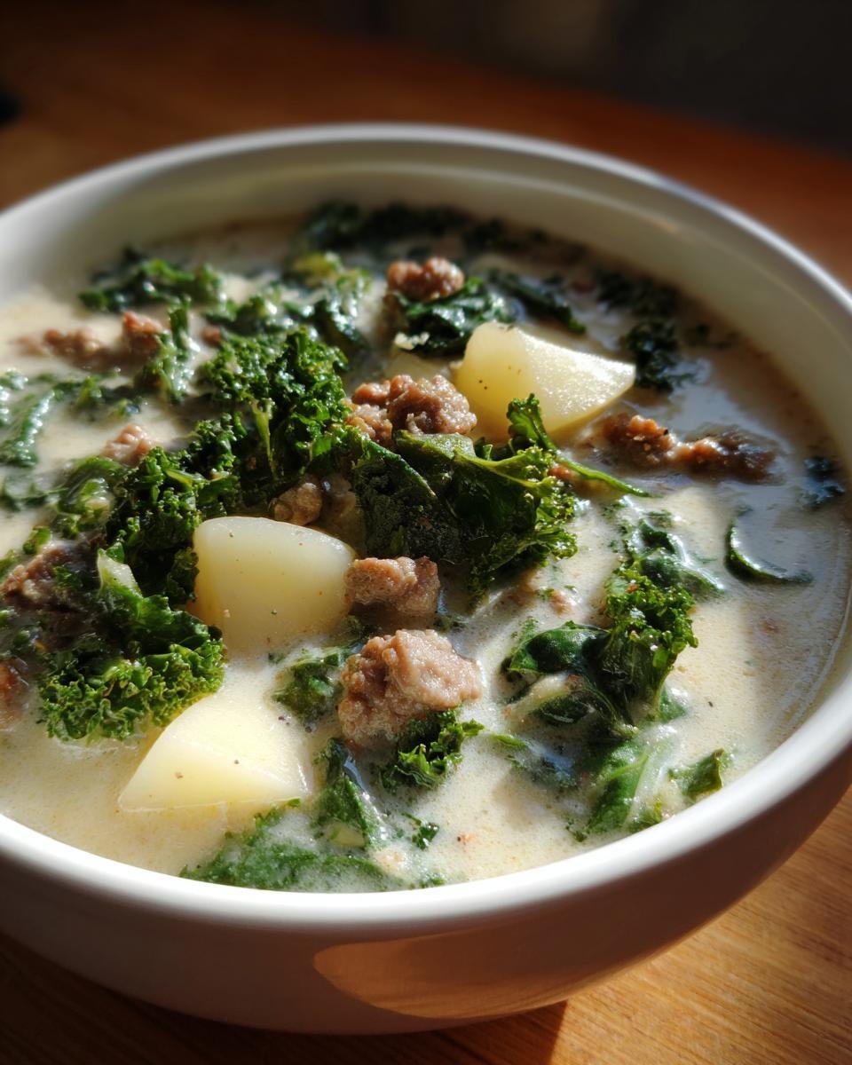Close-up of a white bowl filled with Creamy Zuppa Toscana featuring sausage, potatoes, and vibrant green kale.