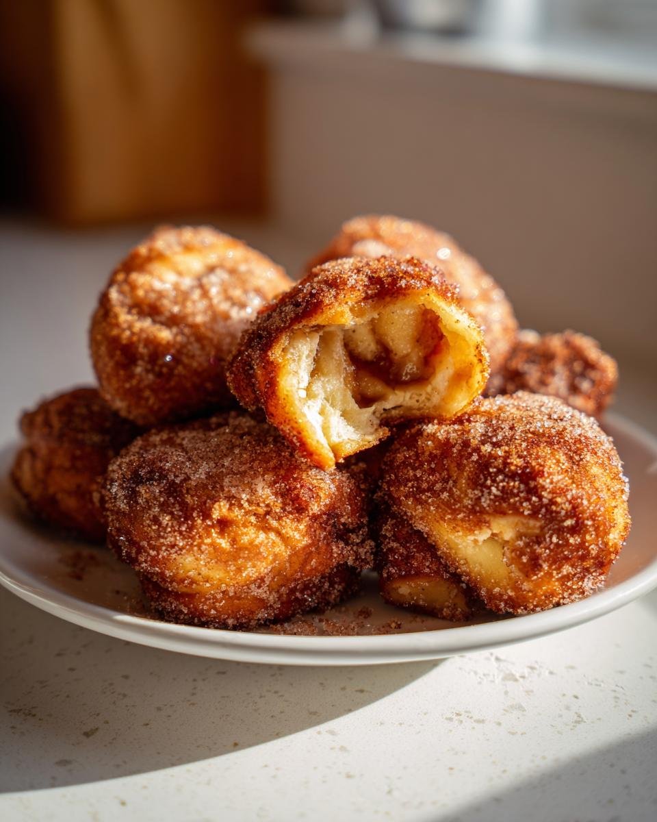 A pile of golden brown, sugar-coated Crispy Apple Pie Rolls on a white plate, one is broken open showing the apple filling.