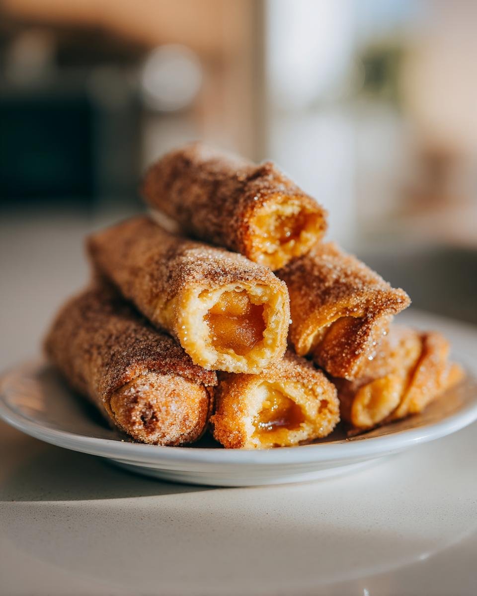 A stack of golden, crispy apple pie rolls coated in cinnamon sugar, showing the warm apple filling inside.