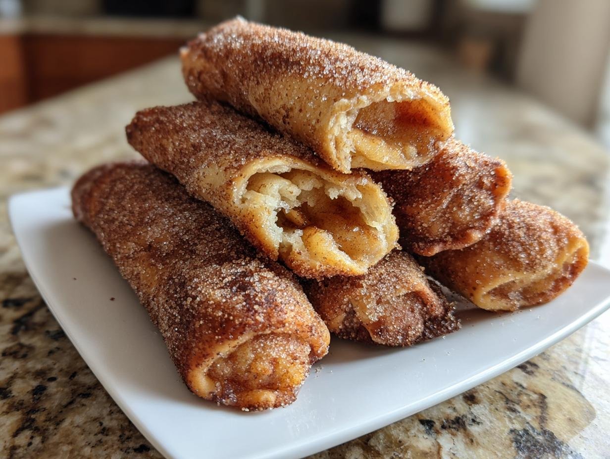 A stack of freshly made Crispy Apple Pie Rolls, dusted heavily with cinnamon sugar, piled on a white rectangular plate.