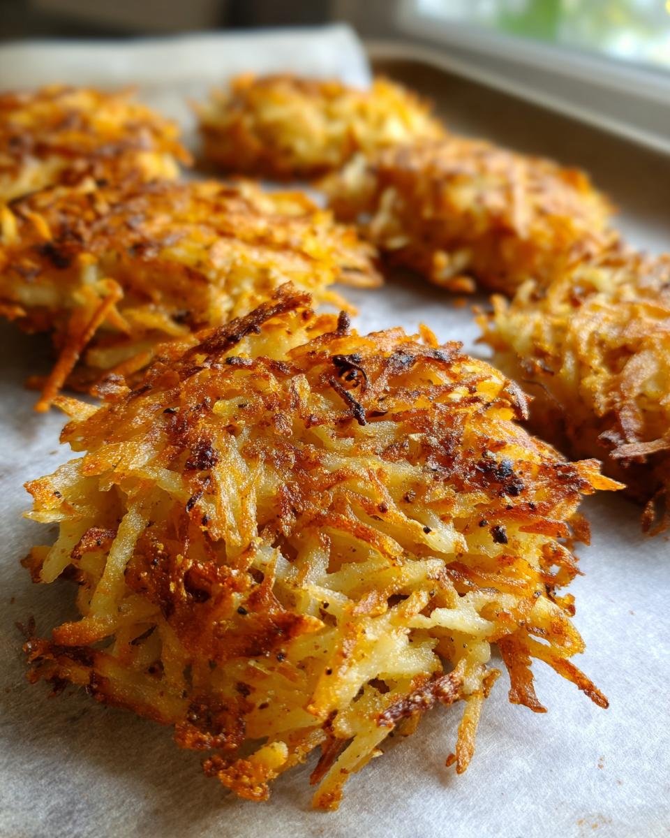 Close-up of golden brown, crispy sheet pan hash browns fresh from the oven.