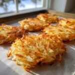 Close-up of golden brown, crispy sheet pan hash browns arranged on parchment paper.