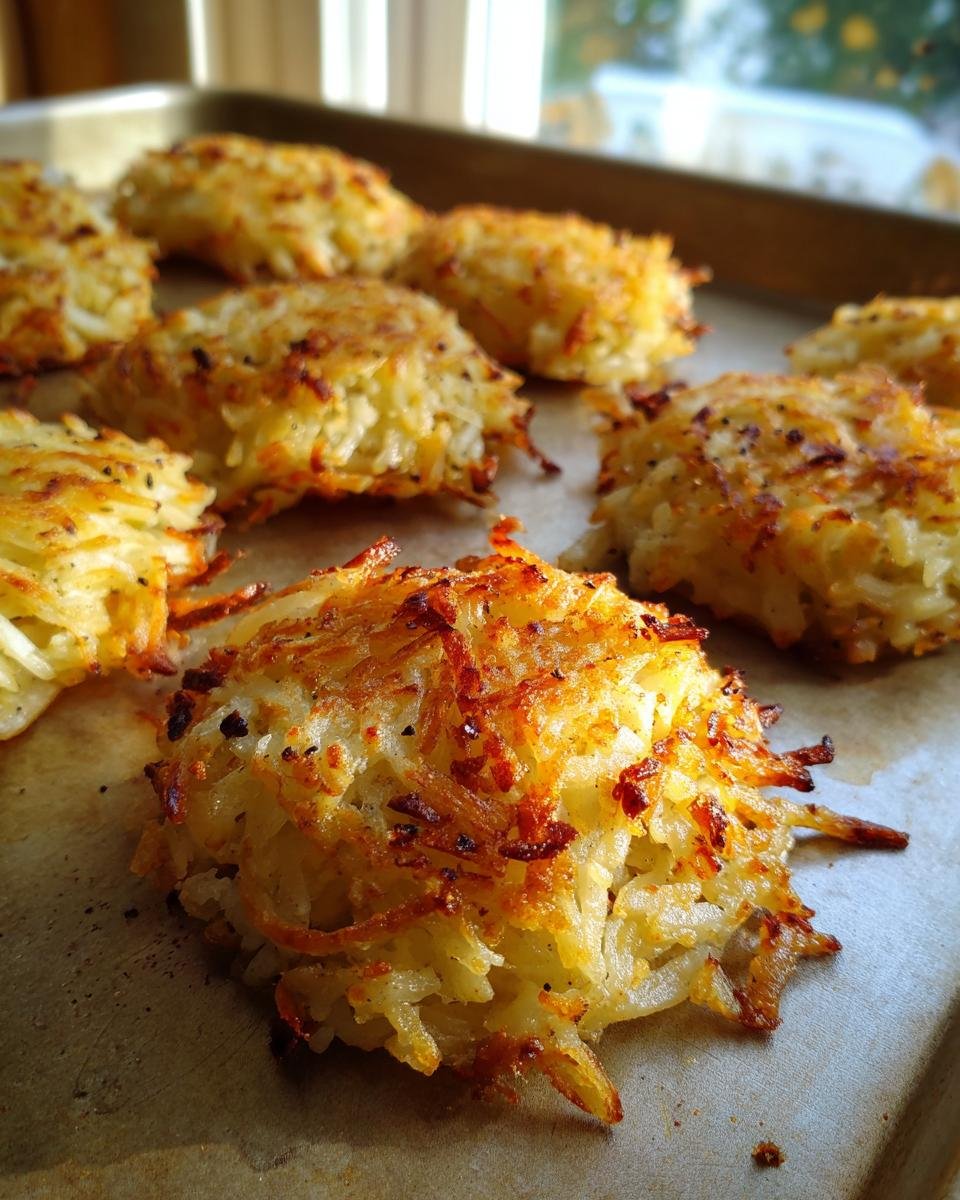 Close-up of golden brown, crispy sheet pan hash browns cooked in individual mounds on a baking sheet.