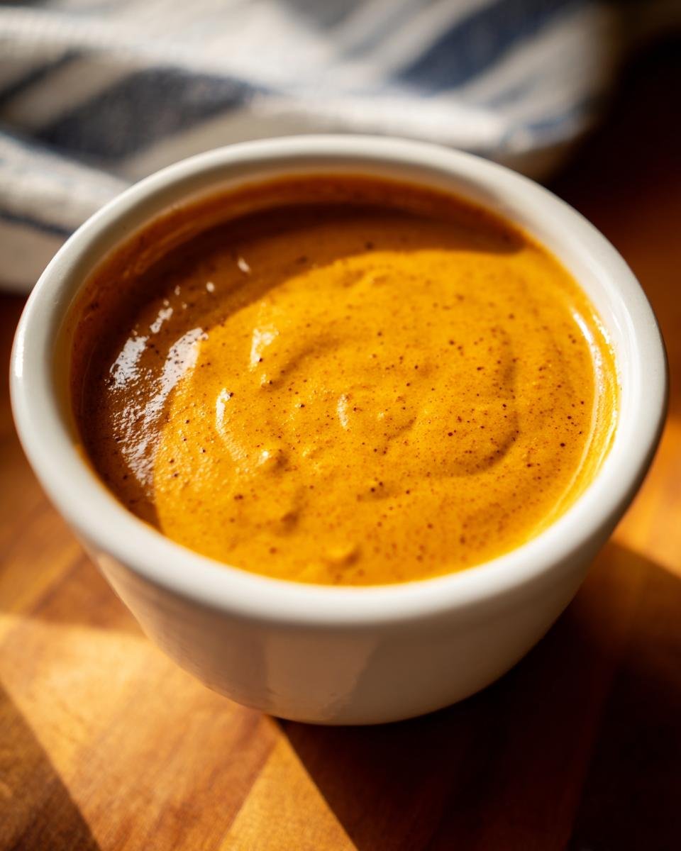 Close-up of thick, orange-yellow Dairy Free Chipotle Sauce Dressing in a small white bowl.