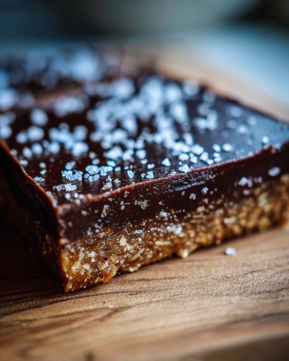 Close-up of a rich Dark Chocolate and Sea Salt Nut Bar with flaky salt crystals on top.