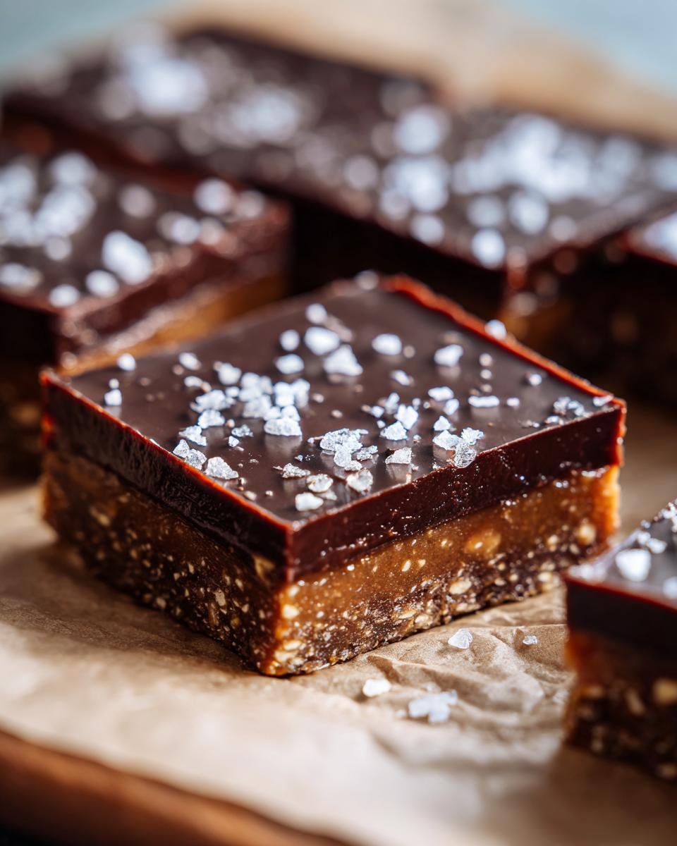 Close-up of a layered Dark Chocolate and Sea Salt Nut Bar with flaky salt on top.