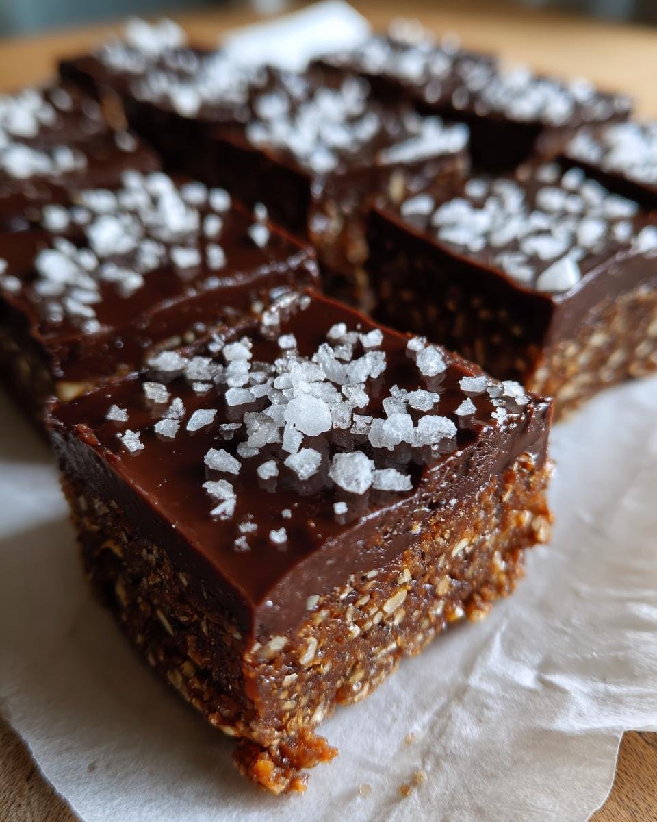 Close-up of rich Dark Chocolate and Sea Salt Nut Bars topped with flaky salt crystals.
