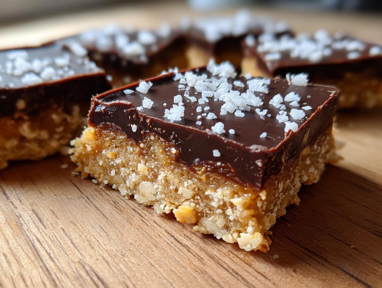 Close-up of a Dark Chocolate and Sea Salt Nut Bar showing the crunchy base and thick chocolate topping sprinkled with flaky salt.
