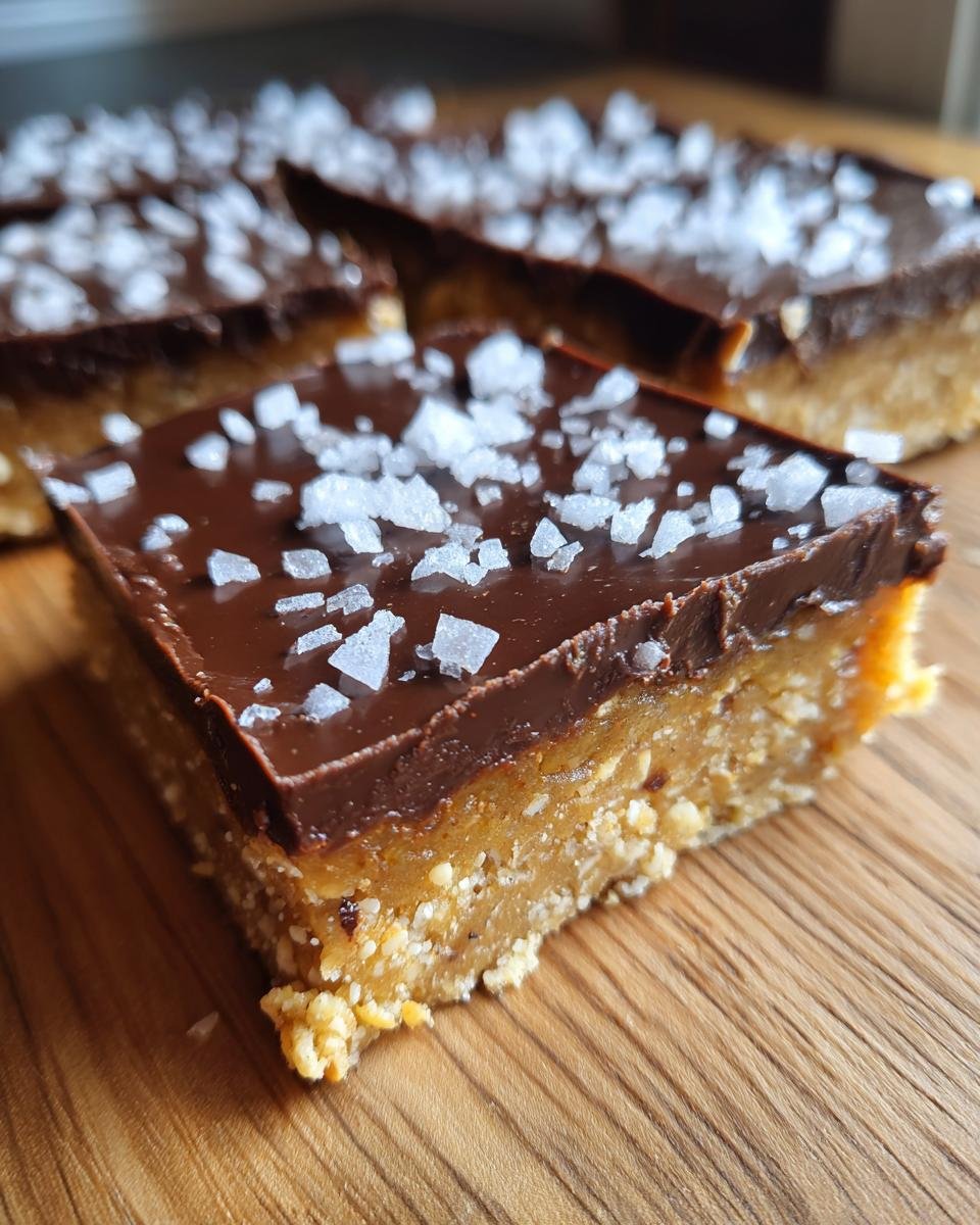 Close-up of a layered Dark Chocolate and Sea Salt Nut Bar topped with flaky sea salt.