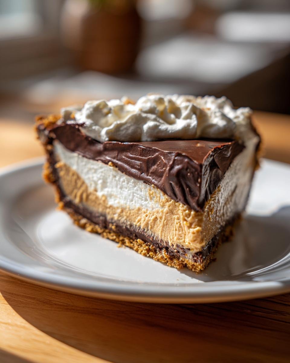 A perfect slice of Decadent Chocolate Peanut Butter Pie with layers of crust, peanut butter filling, chocolate ganache, and whipped cream.