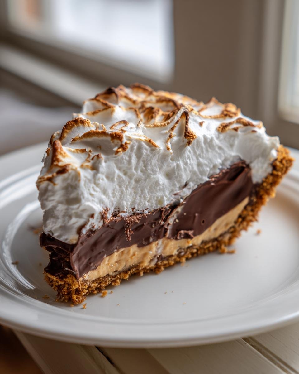 A tall slice of Decadent Chocolate Peanut Butter Pie with peanut butter and chocolate layers, topped with toasted meringue.