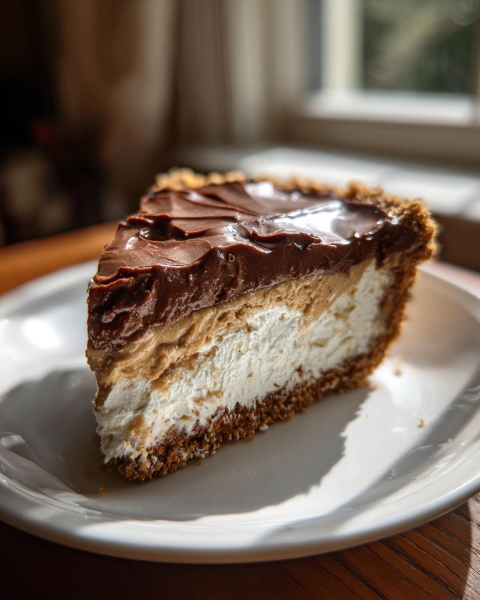 A thick slice of Decadent Chocolate Peanut Butter Pie showing layers of crust, cream, peanut butter, and chocolate topping.