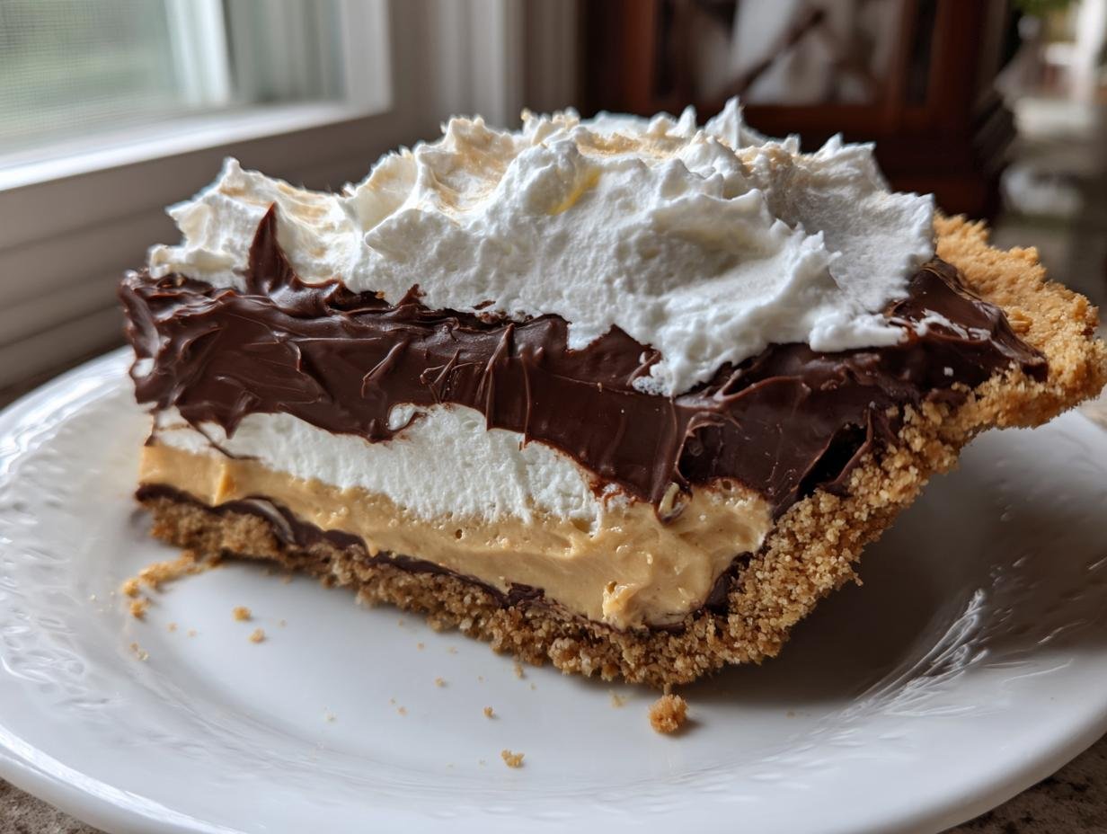 A thick slice of Decadent Chocolate Peanut Butter Pie with layers of crust, peanut butter filling, chocolate, and whipped cream.