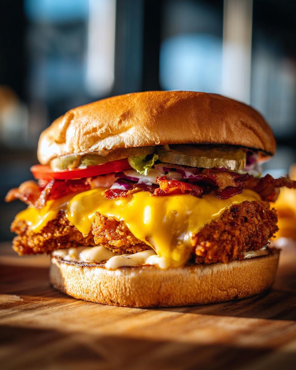 Close-up of an Irresistible Deep Fried Turkey Bacon Cheeseburger with melted cheese and fresh toppings.