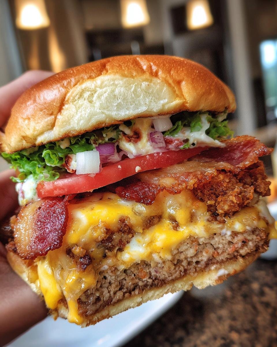 A hand holding a cross-section of the Irresistible Deep Fried Turkey Bacon Cheeseburger showing melted cheese, bacon, and patty.