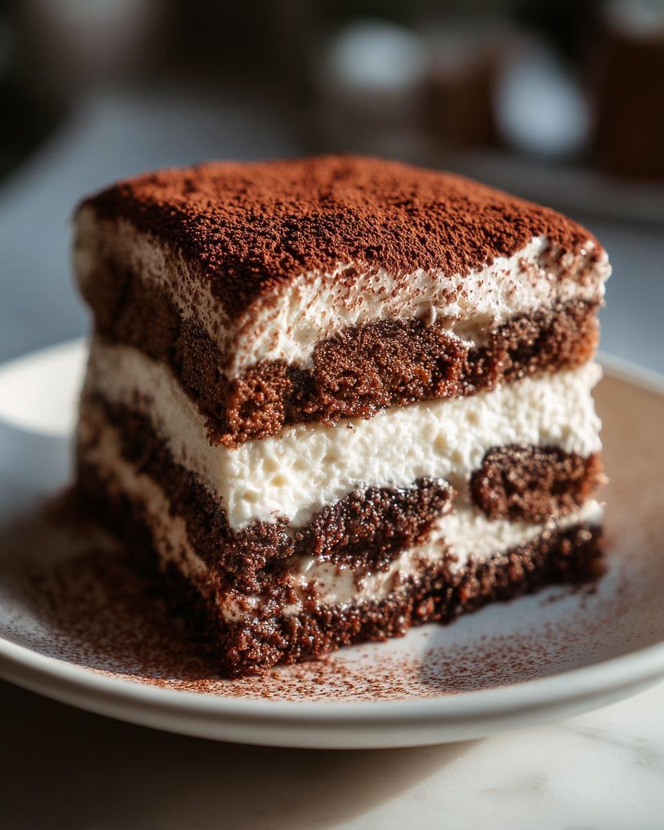 A perfect square slice of Delicious Coffee Tiramisu Cake showing layers of dark coffee-soaked cake and white cream, topped with cocoa powder.